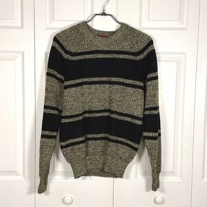 Vintage Oakton Limited Mens Large Striped Crewneck Sweater Navy Blue Tan Marled